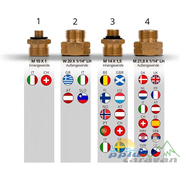 ACTIVA Juego de adaptadores para bombonas de gas de 4 piezas para el extranjero de la UE para la conexión de reguladores de presión a botellas de gas extranjeras numeradas con 1-2-3-4 